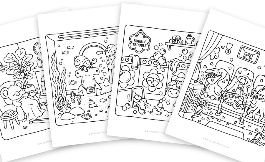 Preview of four free Silly Squad coloring pages, fanned out