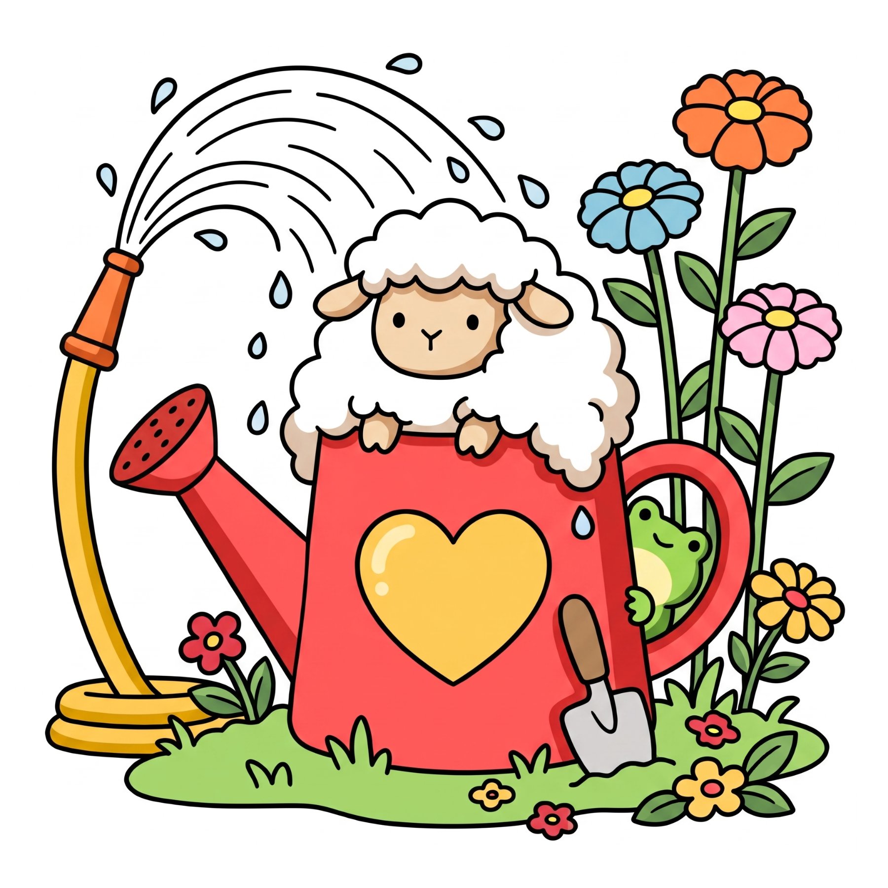 Sheep in a watering can coloring page, colored in