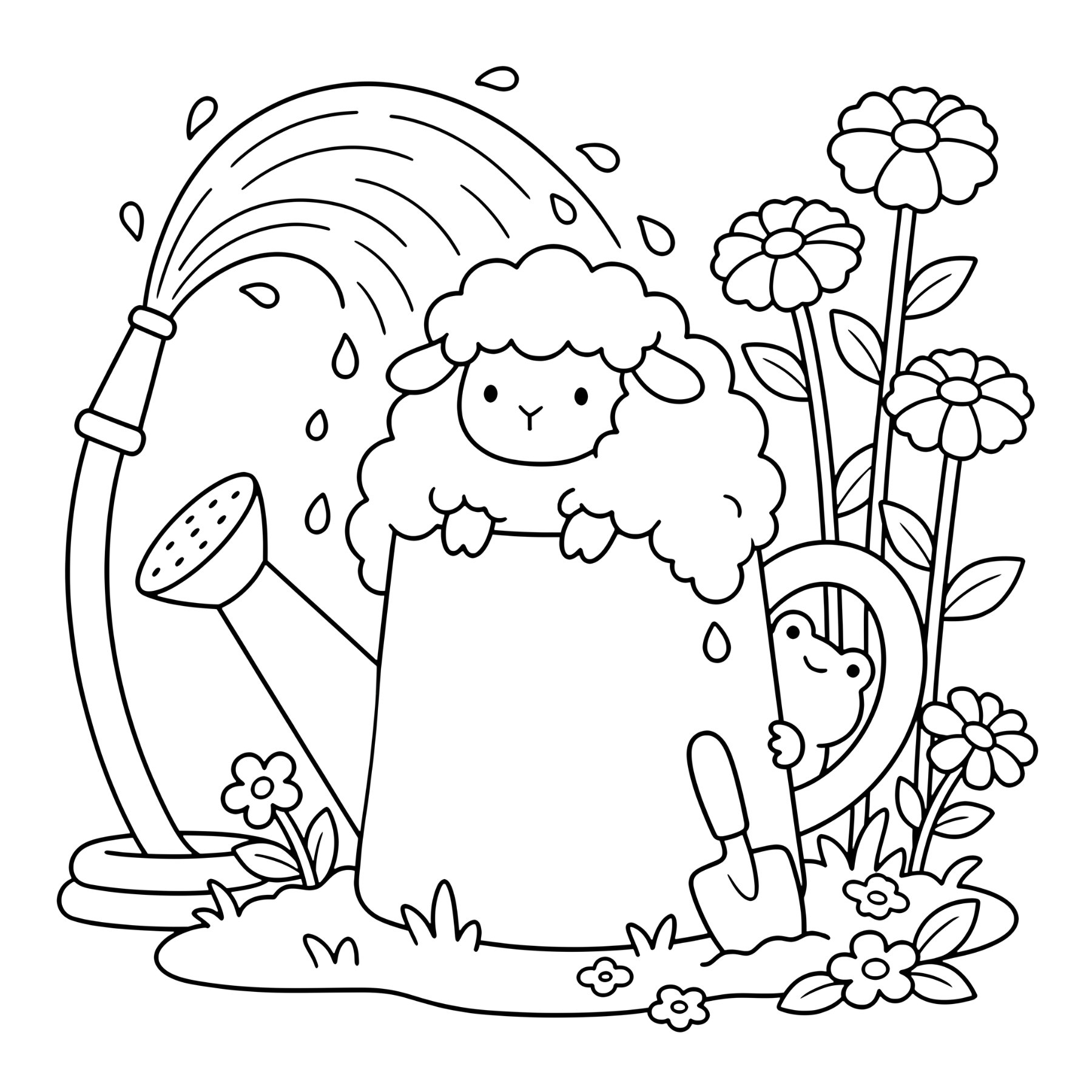 Sheep in a watering can coloring page line art